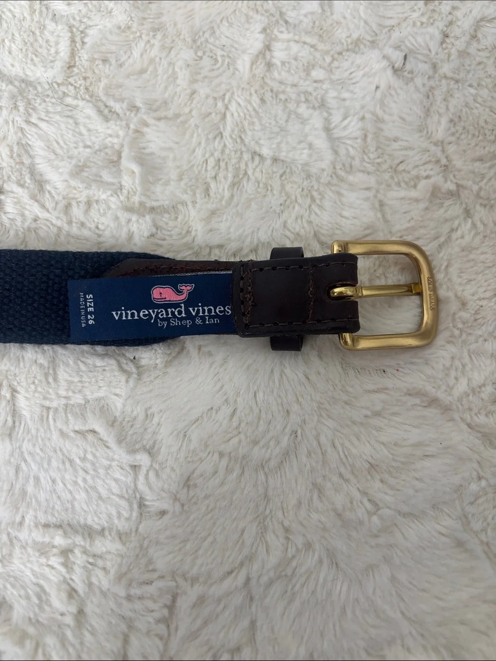 Vineyard Vines Navy Woven Belt with Brown Leather and Gold Buckle(A249)
